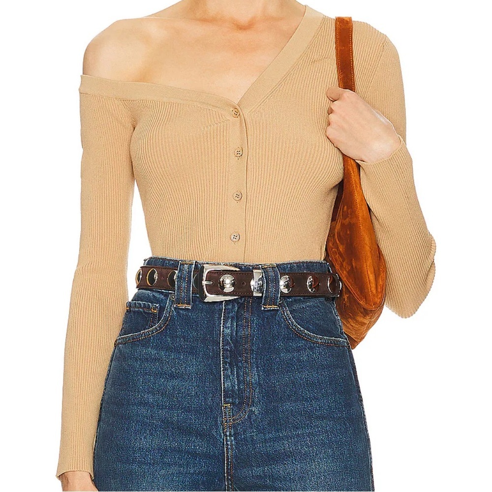 NWT Staud Craftsman Sweater Camel Tan Beige Off Shoulder camel Carmel button up - Picture 2 of 15
